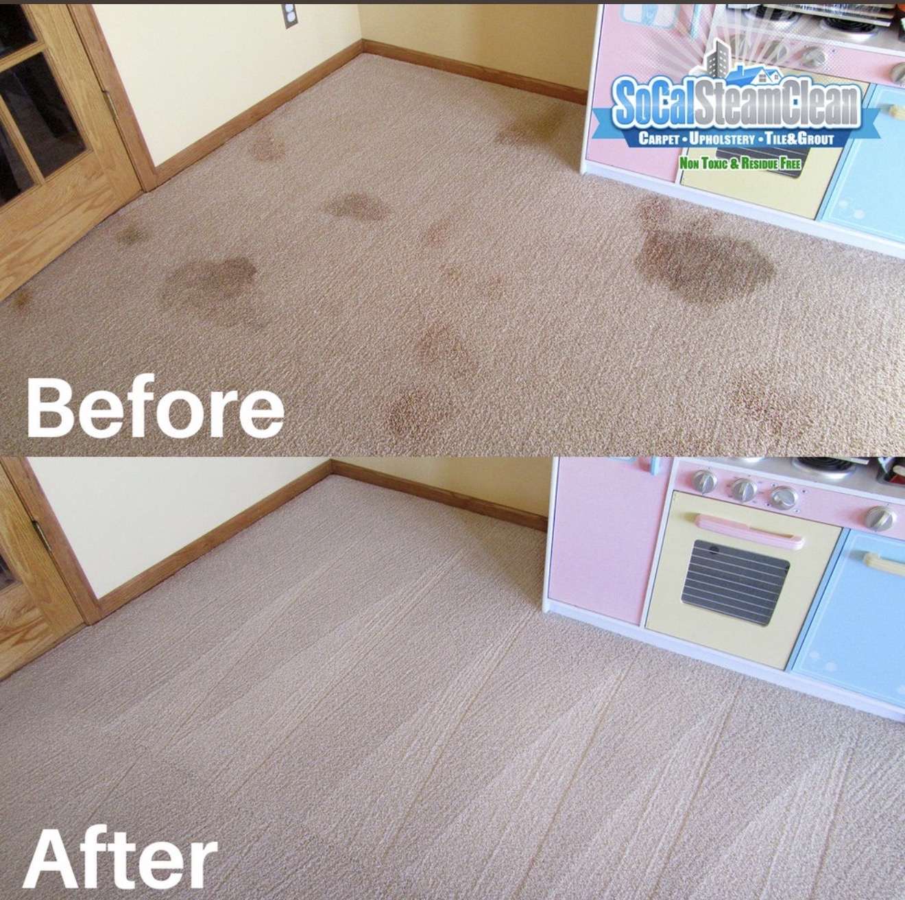 Pet odor & spot treatment in Poway / Rancho Bernardo — SoCal Steam Clean Before and after playroom carpet stain treatment in San Diego after pet and food spills