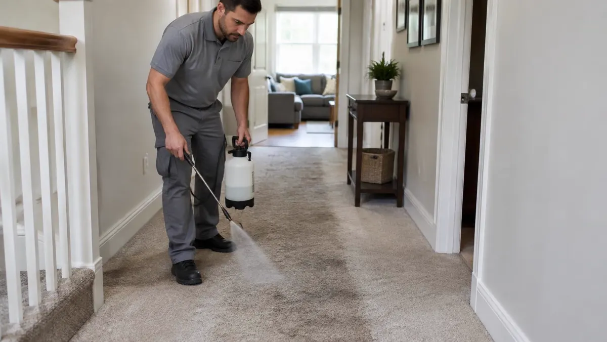 Carpet cleaning technician pre-treating a worn hallway traffic lane with a hand sprayer