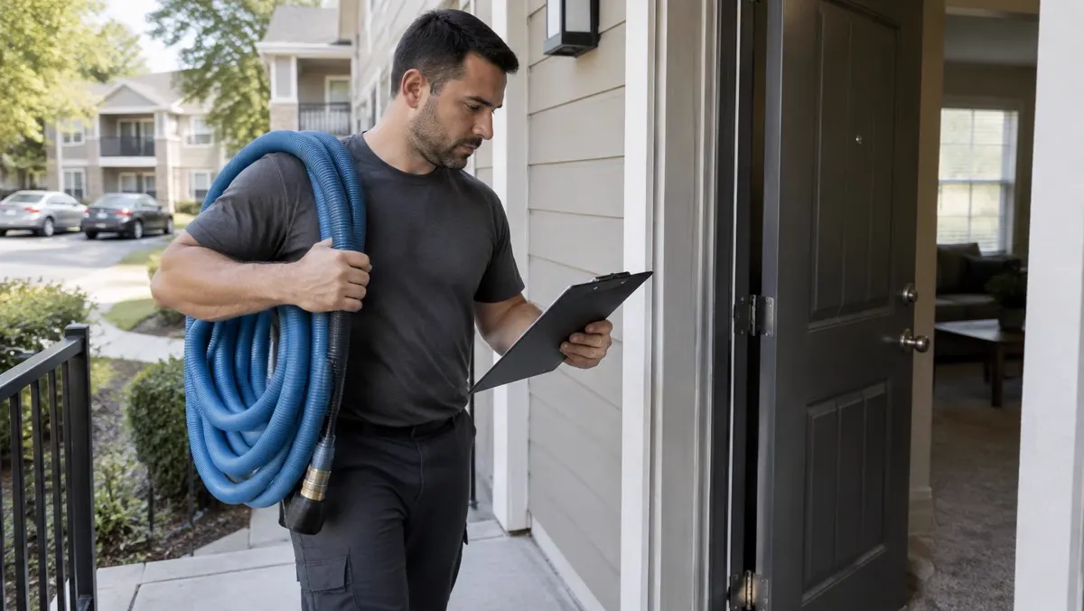 Carpet cleaning technician carrying a coiled hose to an apartment doorway while checking a clipboard