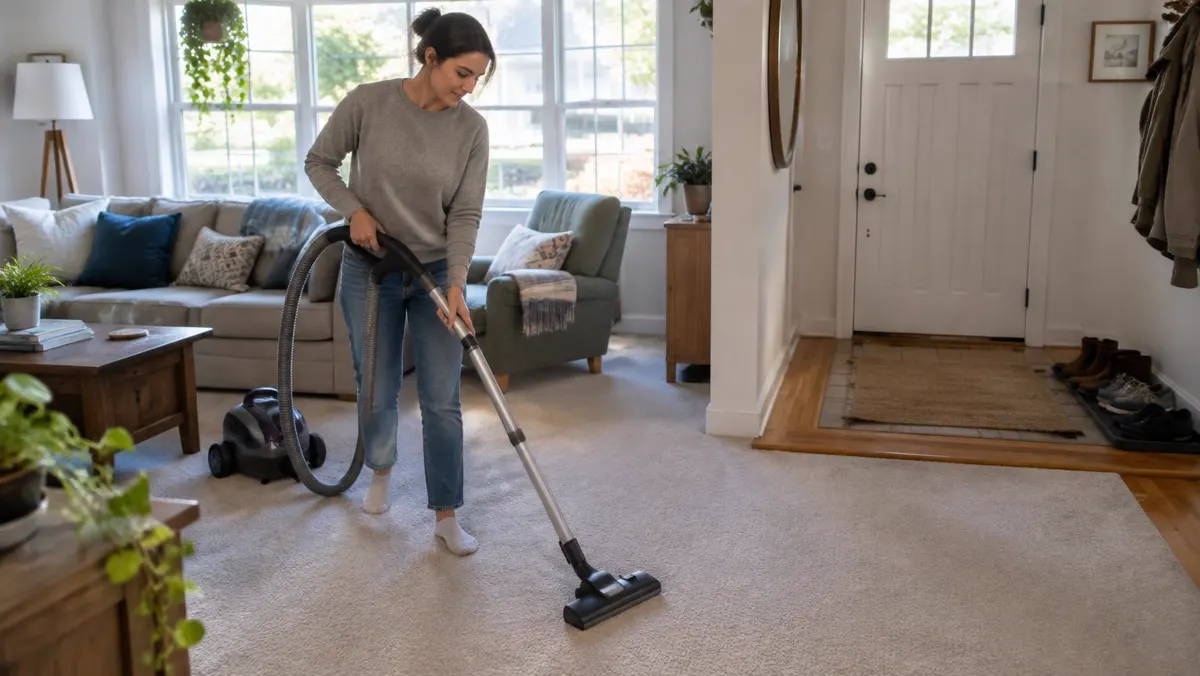 Homeowner vacuuming light carpet in a bright living room with entry mat and shoes by the door