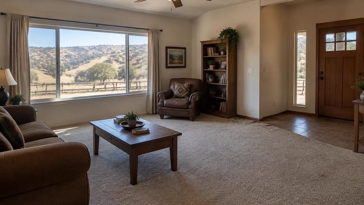Carpeted living room in a rural East County home with dry hills and oak trees visible through the window Carpeted living room in a rural East County home with dry hills and oak trees visible through the window