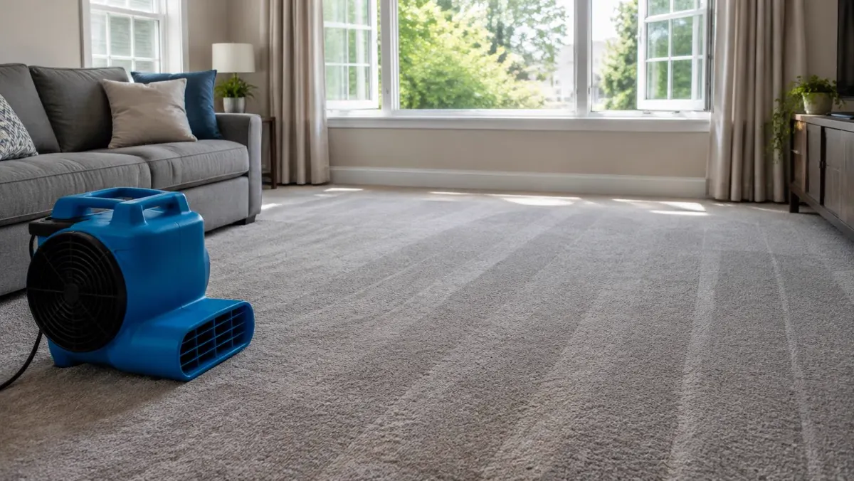 Freshly cleaned carpet drying in a bright San Diego living room with a window open