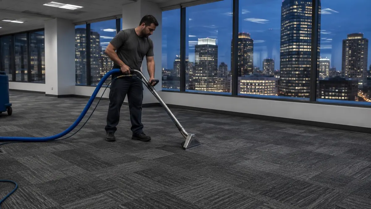Technician cleaning commercial carpet tile in an empty downtown office at dusk