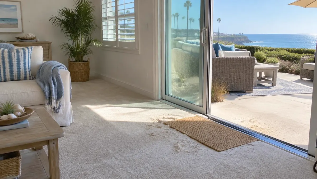 Light carpet in a coastal San Diego home with sand tracked in near an open patio door