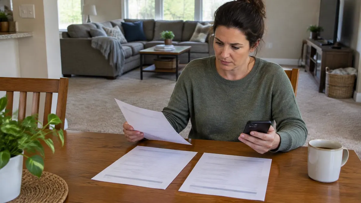 Homeowner comparing printed carpet cleaning estimates at a kitchen table