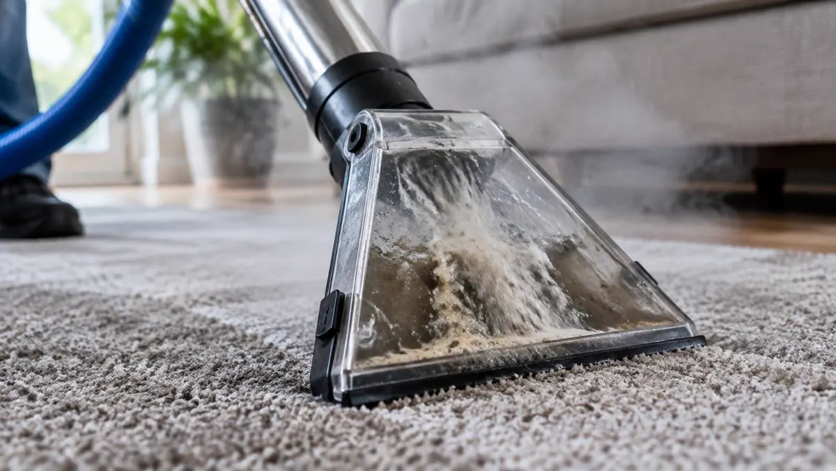 Close-up of a carpet extraction wand pulling dirty water through a clear inspection head