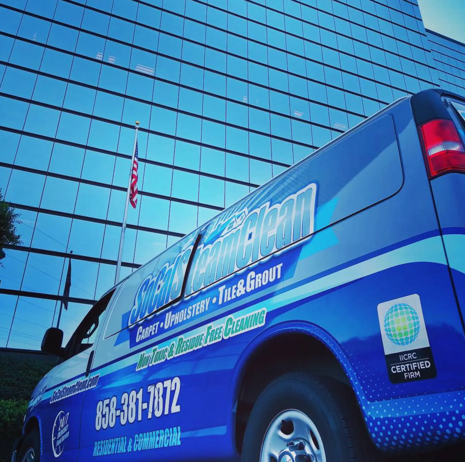 SoCal Steam Clean van with IICRC Certified Firm badge