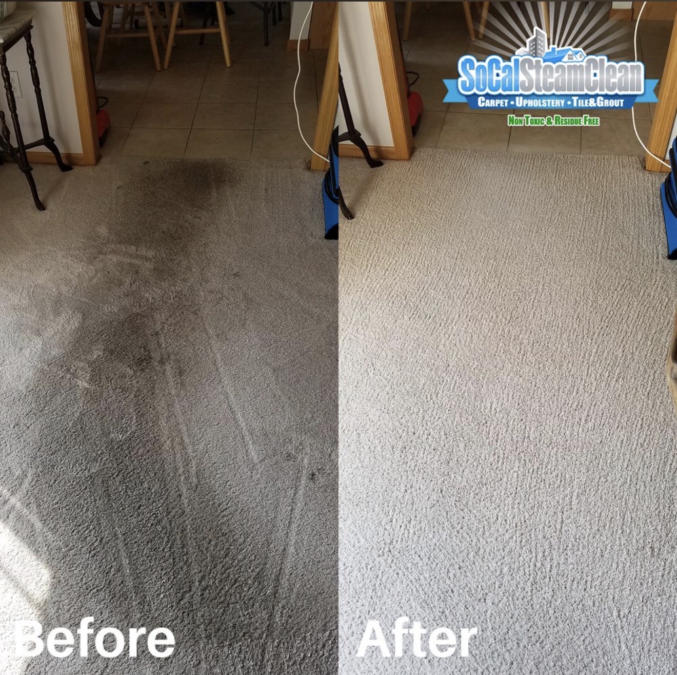 Carpet cleaning in San Diego — SoCal Steam Clean Before and after carpet cleaning in a San Diego bedroom showing traffic lanes lifted by hot water extraction