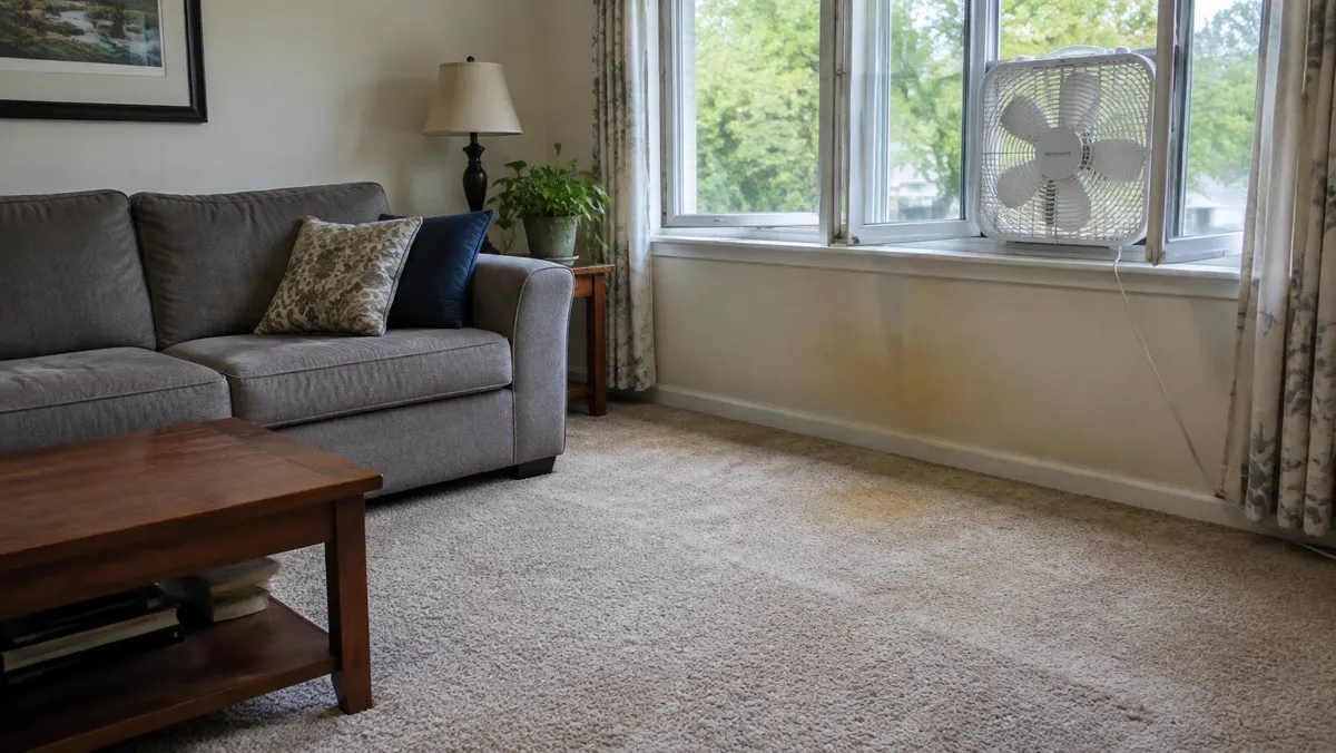 Living room carpet with yellowed smoke staining near a window, ventilated with a box fan