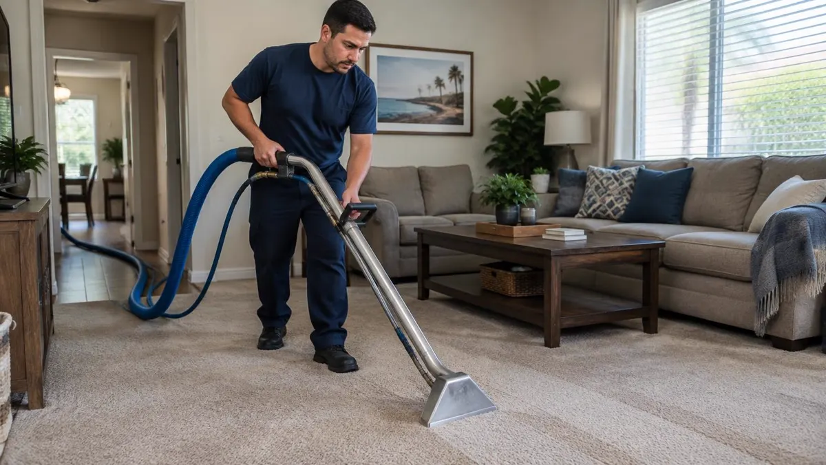 Technician running a hot-water extraction wand across beige carpet in a San Diego-style living room