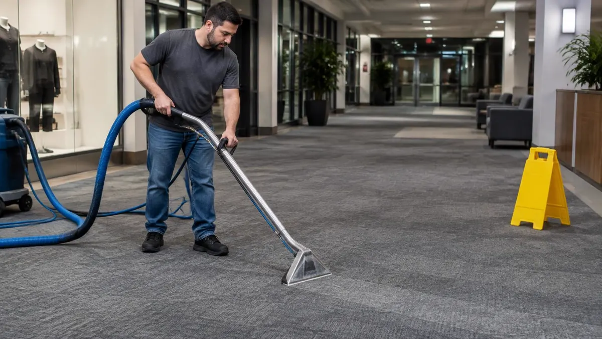 Open-plan office with carpet tiles being cleaned with a truck-mounted wand Open-plan office with carpet tiles being cleaned with a truck-mounted wand