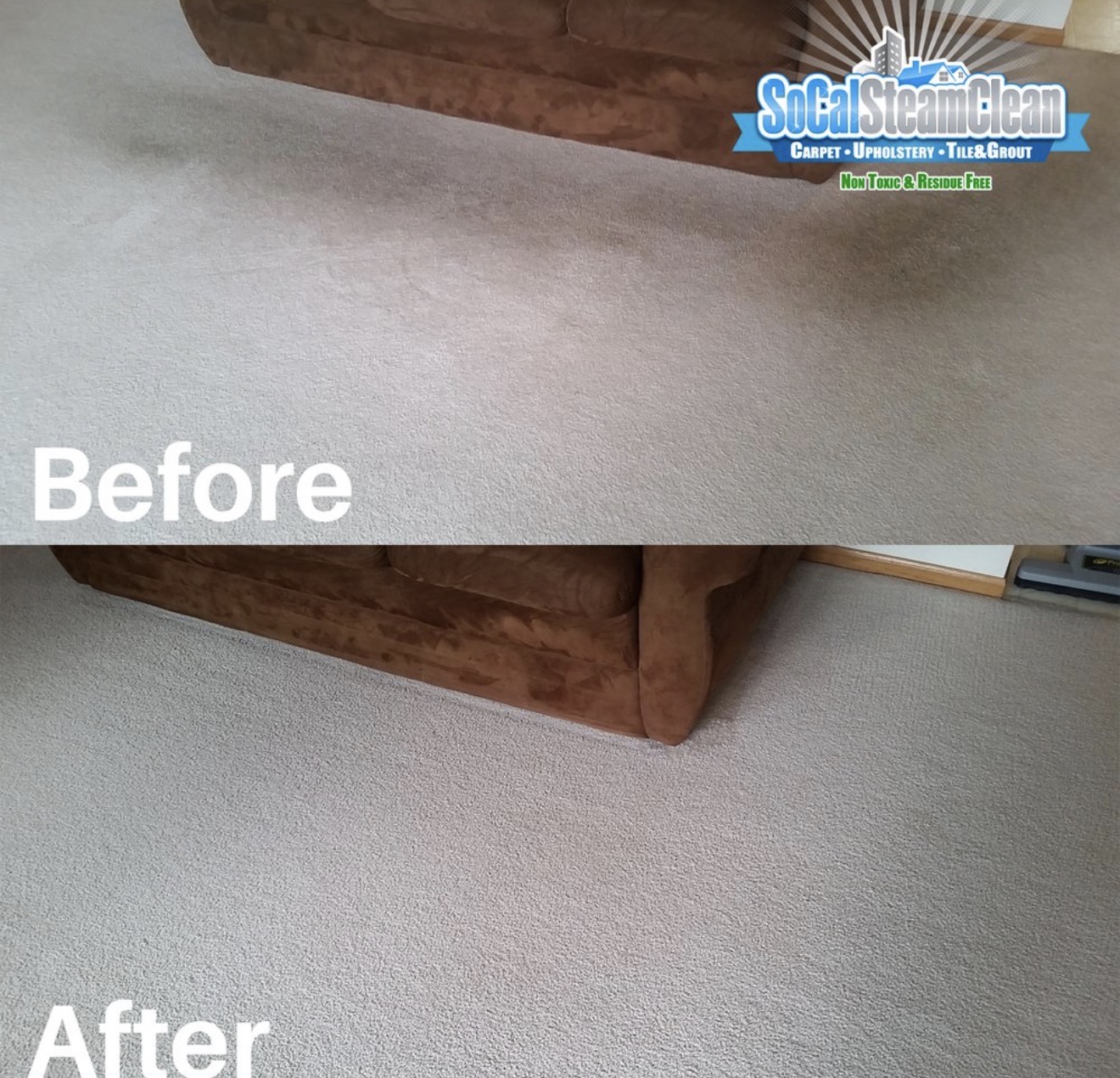 Carpet cleaning in North County San Diego — SoCal Steam Clean Before and after living room carpet cleaning in North County San Diego with soil and spots removed